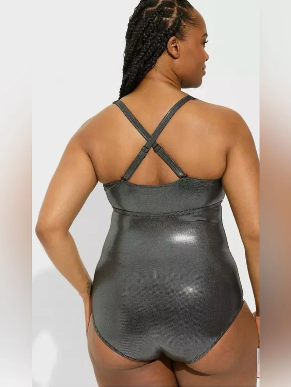 Torrid Foil Keyhole Plunge One-Piece Swimsuit metallic silver finish 3X NWT